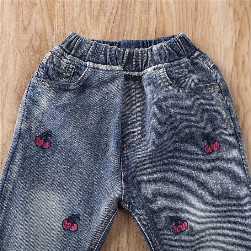 Pudcoco småbørn børn jeans afslappet sød kirsebær print denim bukser efterårstøj elastik høj talje barn piger 2-7 år