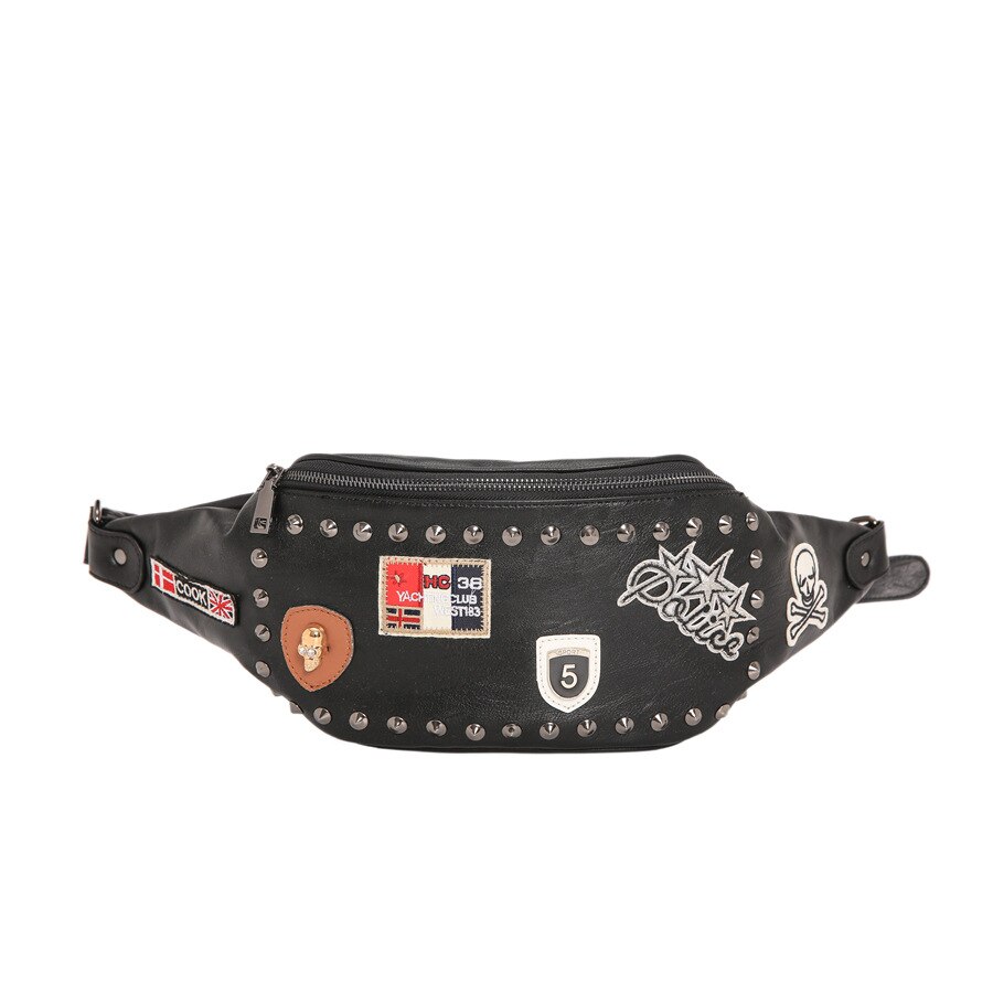 Popular sacos crossbody homem designer masculino couro do plutônio rebite decoração sacos de peito moda rock punk impressão masculino cintura saco