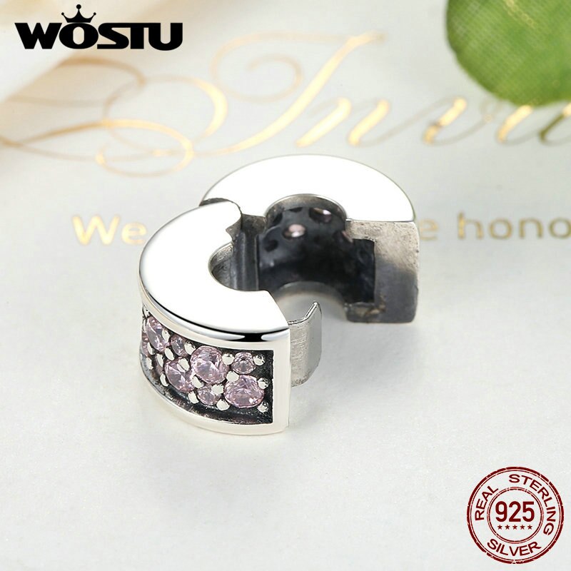 WOSTU 100% 925 Sterling Silver Shining Elegance Clip Charm With Pink CZ Fit Original wst Bracelet Pendant Authentic Jewelry
