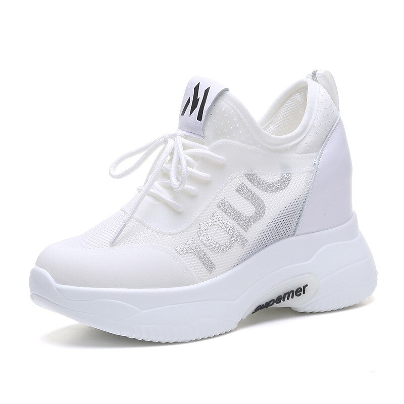 Platåsko for kvinner høy hæl økende damesko snøring mesh pustende weges kvinne chunky sneakers hvite fritidssko: Baiyinse / 37