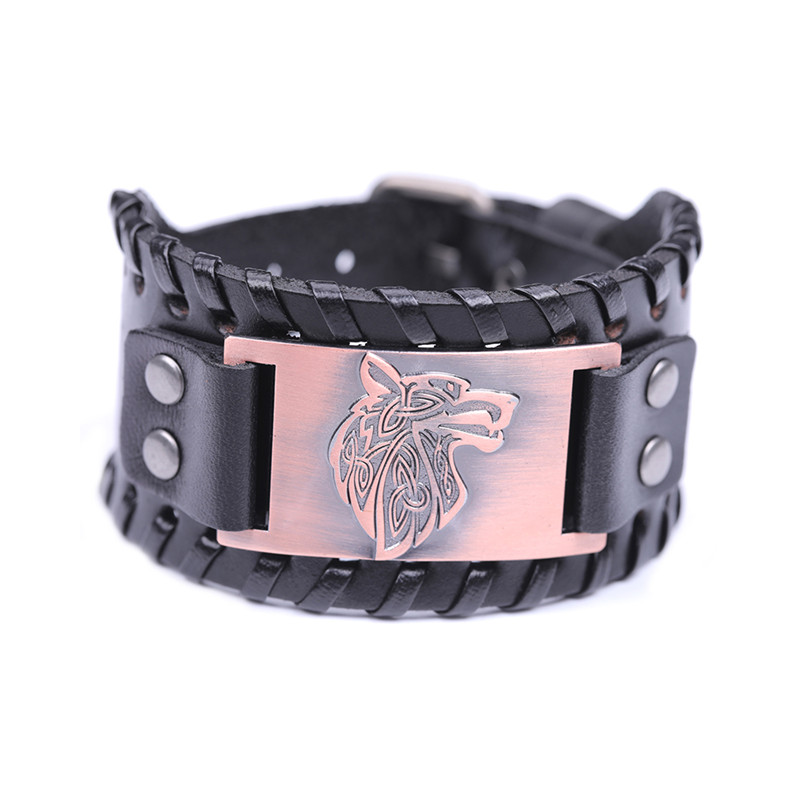 Dawapara Viking Wolf Hoofd Armband Voor Mannen Badge Charm Punk mannen Zwart Lederen Armband Brede Leren Armbanden Voor Vrouwen: Antique copper