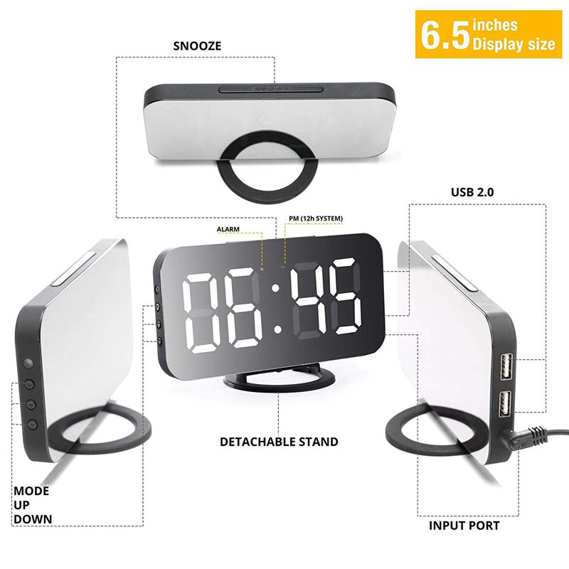 Digitale wekker - stijlvolle led-klok met usb-poort, groot display, aanpassing van de helderheid van het display, functie van s