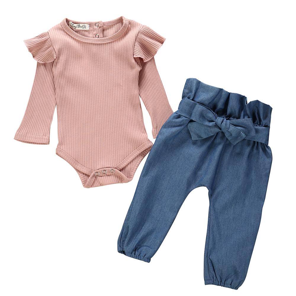 Kid Kinderen Baby Meisjes Kleding Herfst Lange Mouw Top Romper Bodysuit Denim Broek Casual Kleding Baby Girl Outfit set