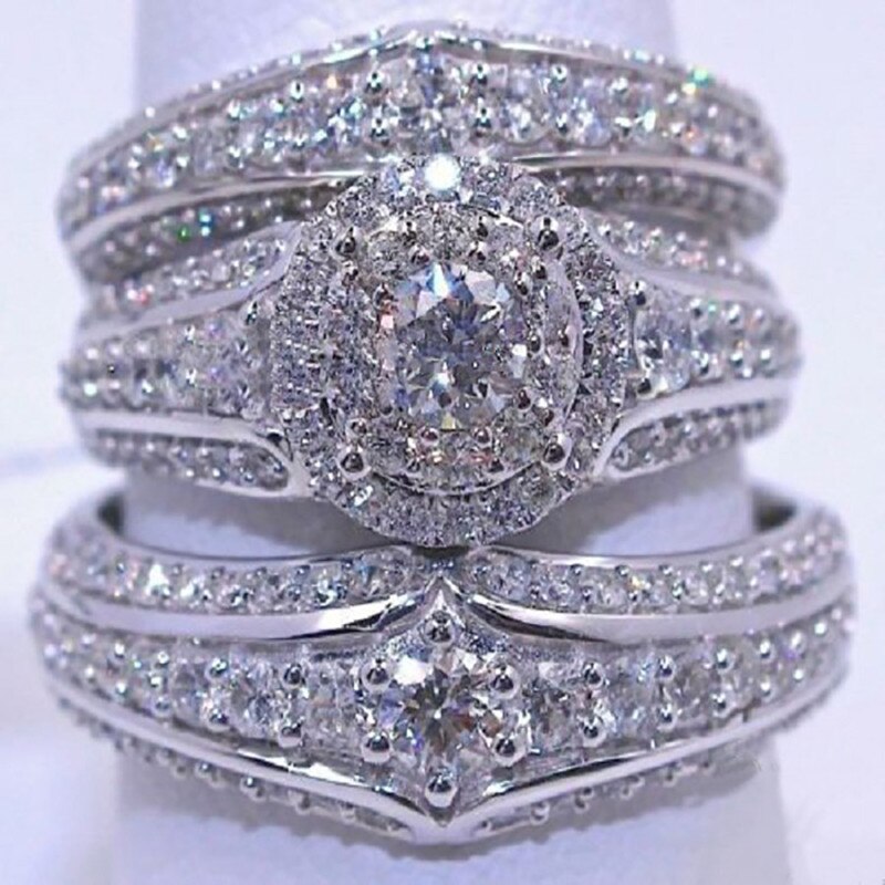 3 pçs/set Luxo Requintado Mulheres Anel de Cristal Branco de Noiva Banquete Cocktail Aniversário Anel de Noivado Anel de Casamento Conjunto de Jóias