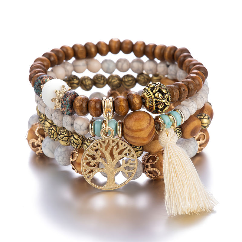 Conjunto de pulsera de árbol de la vida para mujer, brazalete de cadena elástica con cuentas de madera y borlas, joyería de para