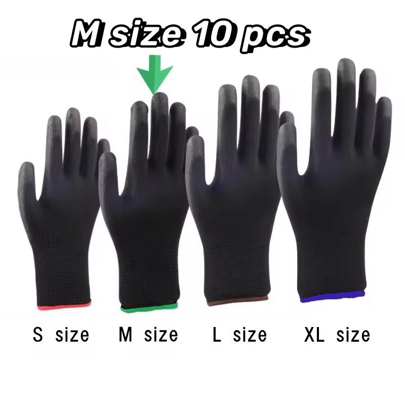 10 pares de guantes de trabajo con revestimiento de seguridad, protección de manos, guantes antideslizantes de nailon PU a prueba de polvo para carpinteros, guantes recubiertos de palma para trabajo en jardín: Negro