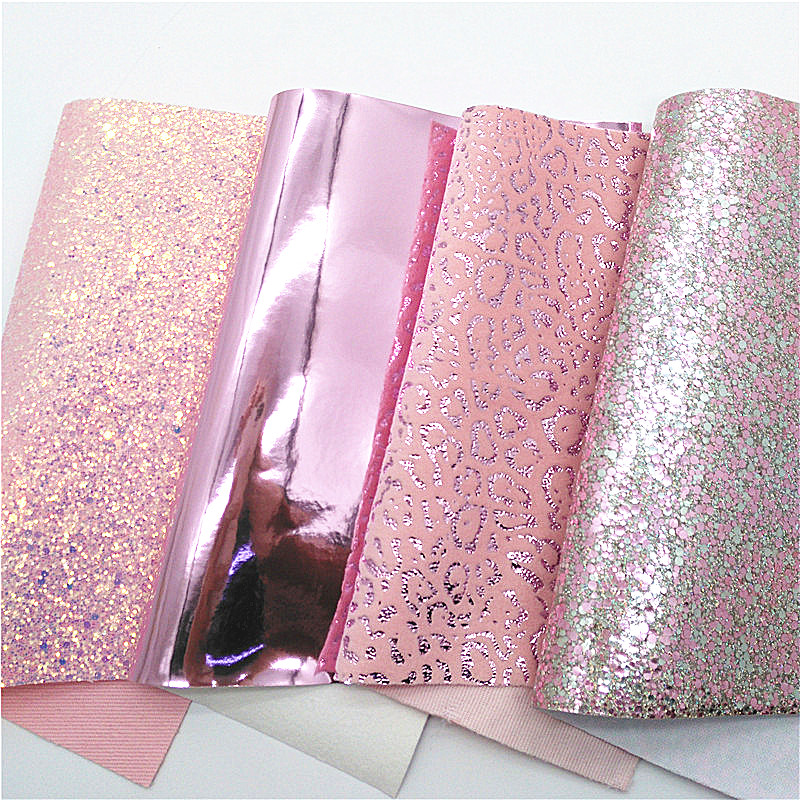 Pink Chunky Glitter Leather Leopard Velvet Fabric Pink Mirror Patent Synthetic Leather Vinyl Fabric For Bows DIY 21x29CM Q737