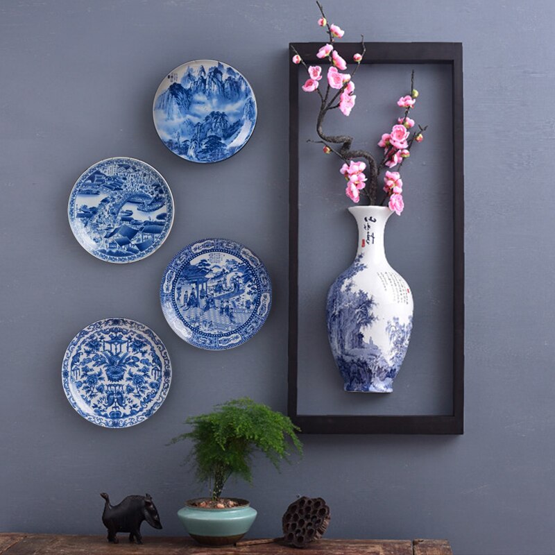 Vase mural suspendu en porcelaine bleu-blanc, décoration murale de salon, assiette murale de restaurant créative