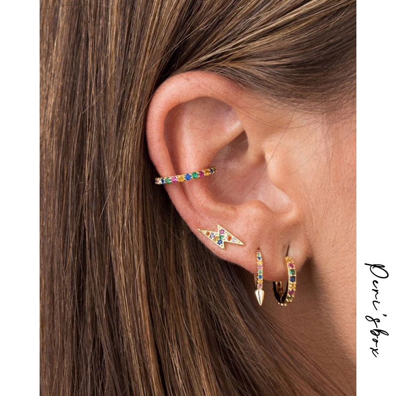 Peri'sBox 5 Designs Colorful Lightning Small Hoop Earrings CZ Stone Long Bar Geometric Earrings for Women Circle Dainty Earrings