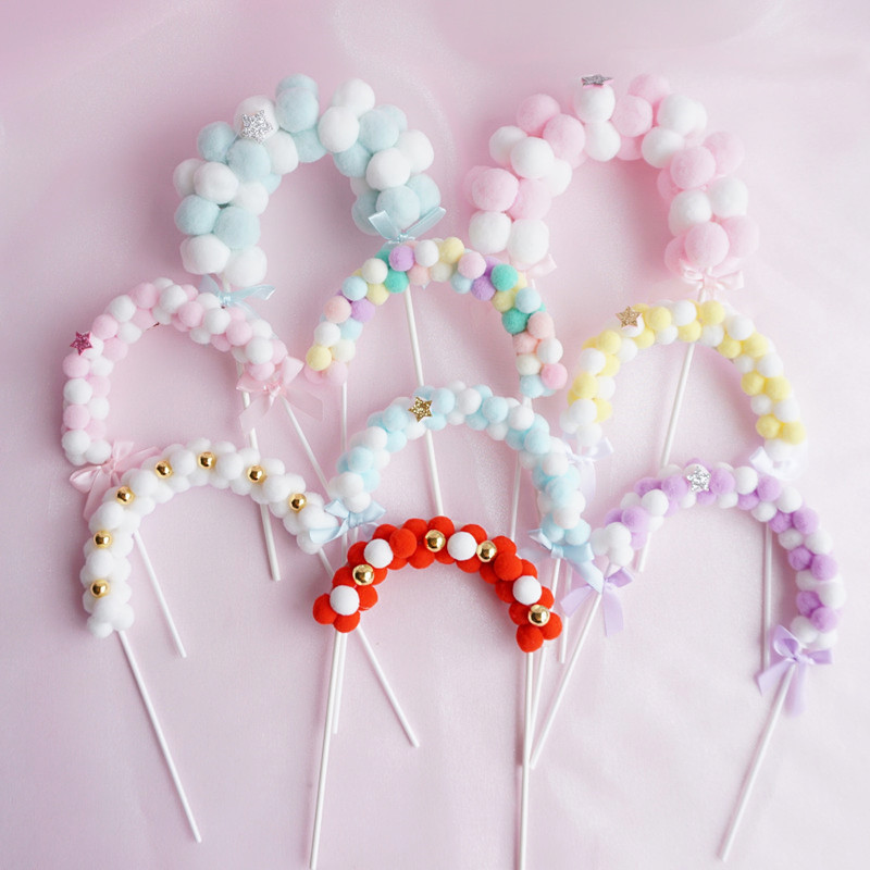 Banderas coloridas para decoración de tartas, bola peluda, adornos para magdalenas de boda y cumpleaños, decoración para tarta para de bienvenida al bebé, bricolaje