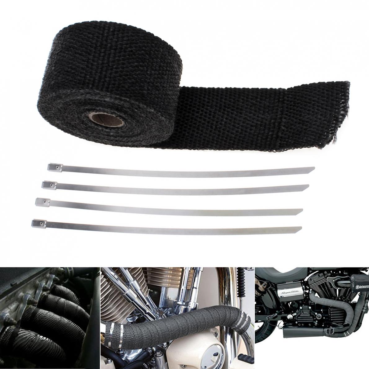 2 " 16.5ft rulle svart glassfiber bil eksos header pipe varme wrap tape motstandsdyktig downpipe  + 4 bånd kit
