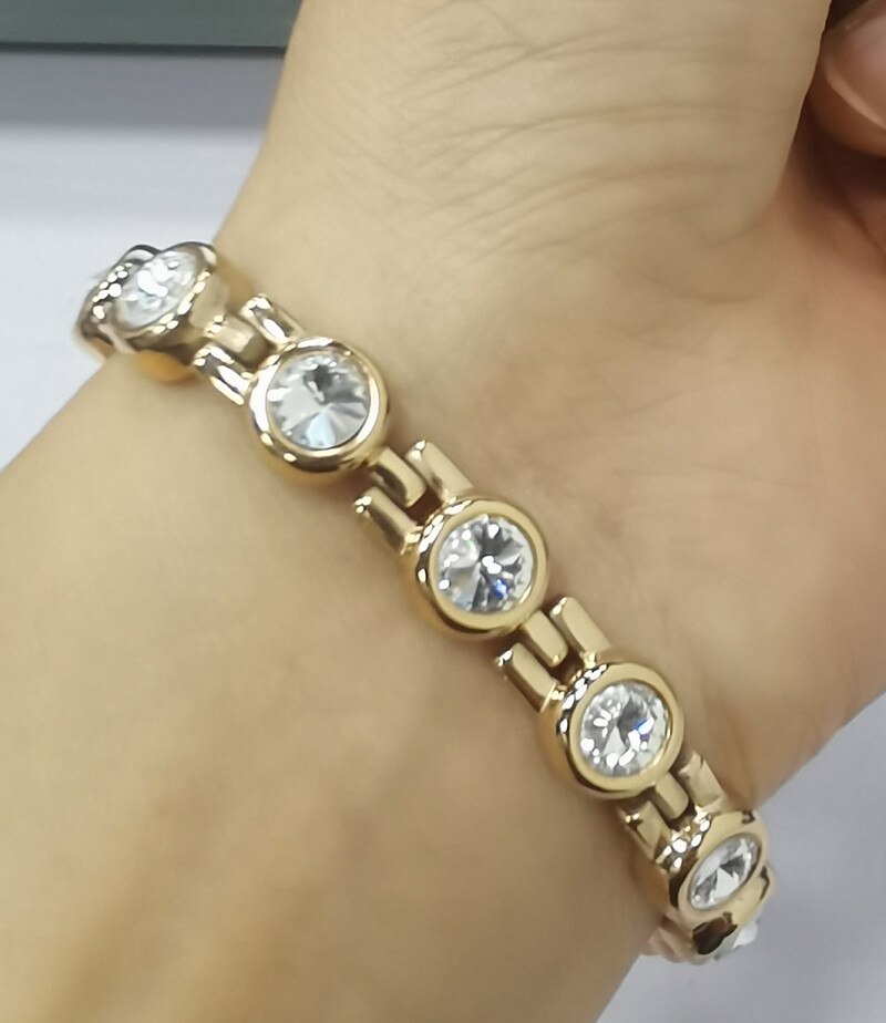 Rhinestone Woman Magnetic Power Bracelet Health Energy Gold Jewelry Lady Stainless Steel Bracelets Bangles