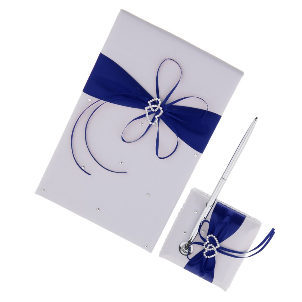 3 stk sæt satin krystal gæstebog pen og pen stand bryllupsreception: Blå