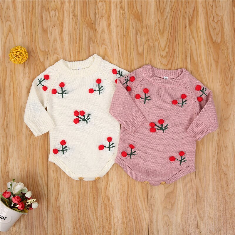 Swetry dziewczynka ubrania jesień dziecko romper boże narodzenie wiśnia sweter z dzianiny romper dzianina свитер кофты для девушек