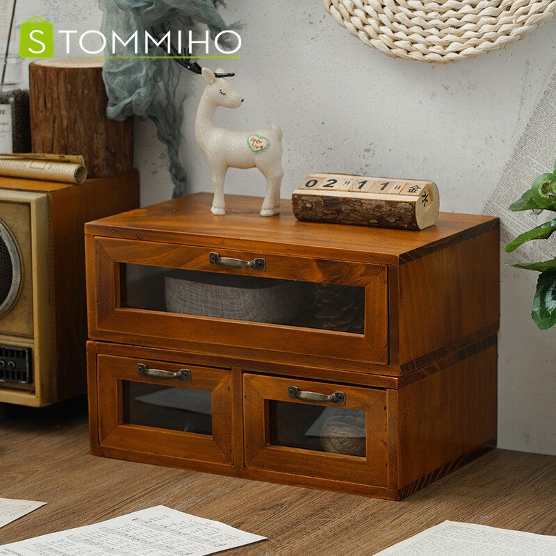 STOMMIHO Wooden Drawer Storage Box Computer Monitor Increased Shelf Office Desktop Storage Cabinet Dressing Table Organizer
