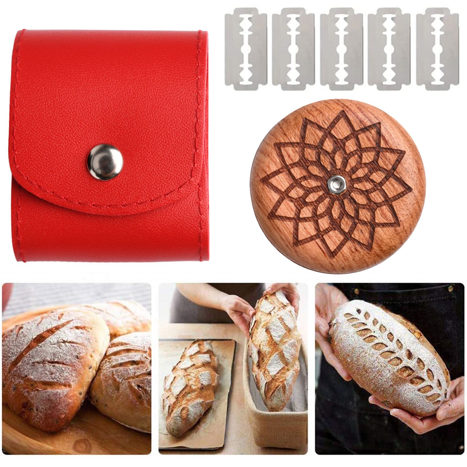 Cortador de pan Lame con bolsa de cuero, herramientas de corte de puntuación de masa para panaderos, 5 cuchillas de madera, FRANCÉS