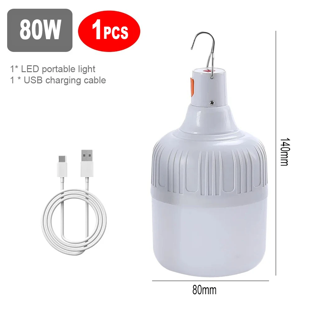 60w x 80w campinglampor usb-uppladdningsbara led-nödlampor för utomhusbruk, bärbara lyktor med krok för grilltält, batterilampa: 5w