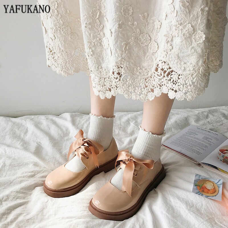 Autumn Ribbon Lace-up Japanese Small Leather Shoes Student Uniform Thick-Soled Mary Janes Flats British Style Big Head Doll Shoe