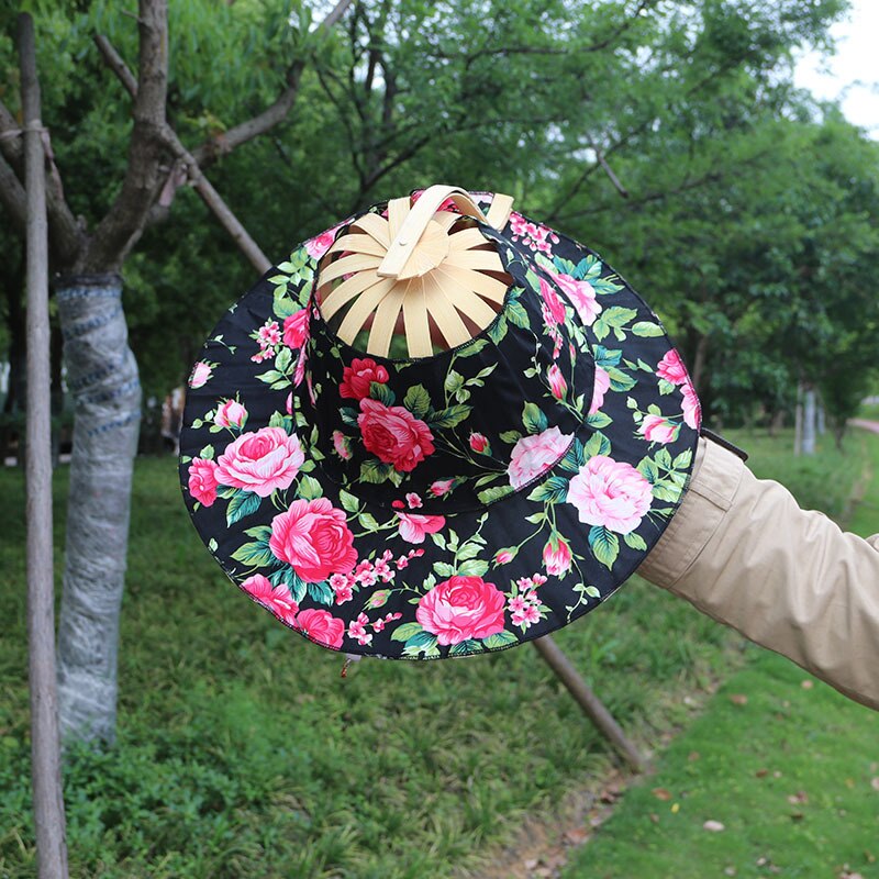 Sombrero de bambú con abanico de mano plegable, 2 en 1, portátil, estampado Floral, para viajes al aire libre, playa, vacaciones, verano,: a4