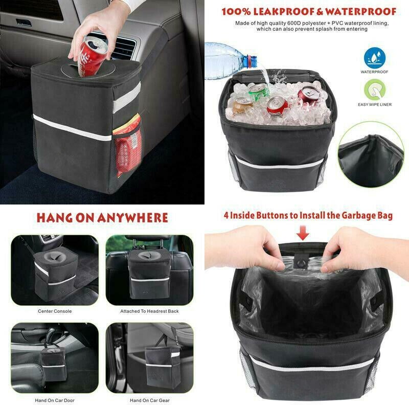 Cubo de basura plegable Universal para asiento de coche, organizador resistente a las fugas, multifunción, color negro