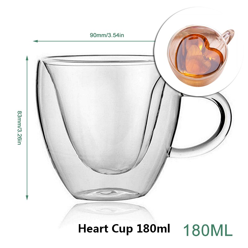 200ml Simple Double-Layer Transparent Heat-Insulated Glass Coffee Mug Double Wall Glass Cup Vacuum Cup for: Heart Cup 180ml