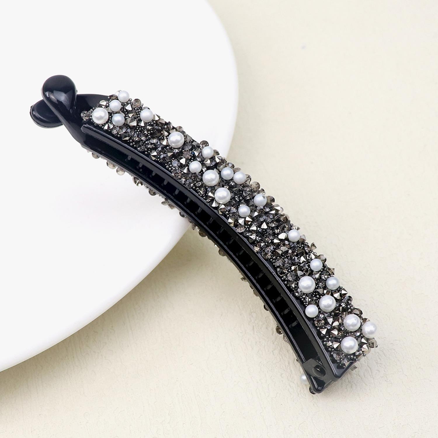 Clip de pelo de plátano con diamantes de imitación completos para mujer, soporte acrílico fuerte, horquilla de perla, pasadores, tocado de ,