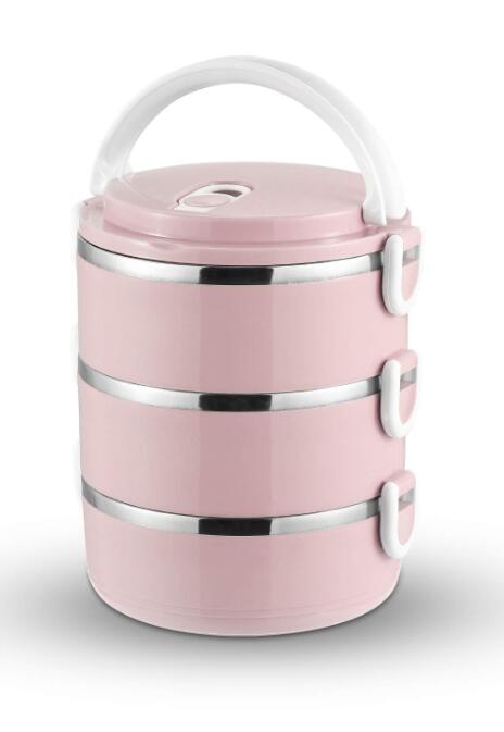 Rvs Lunchbox Drie-Layer Lekvrije Isolatie Lunchbox Japanse Draagbare Voedsel Opslag Container Voor Kinderen school: pink