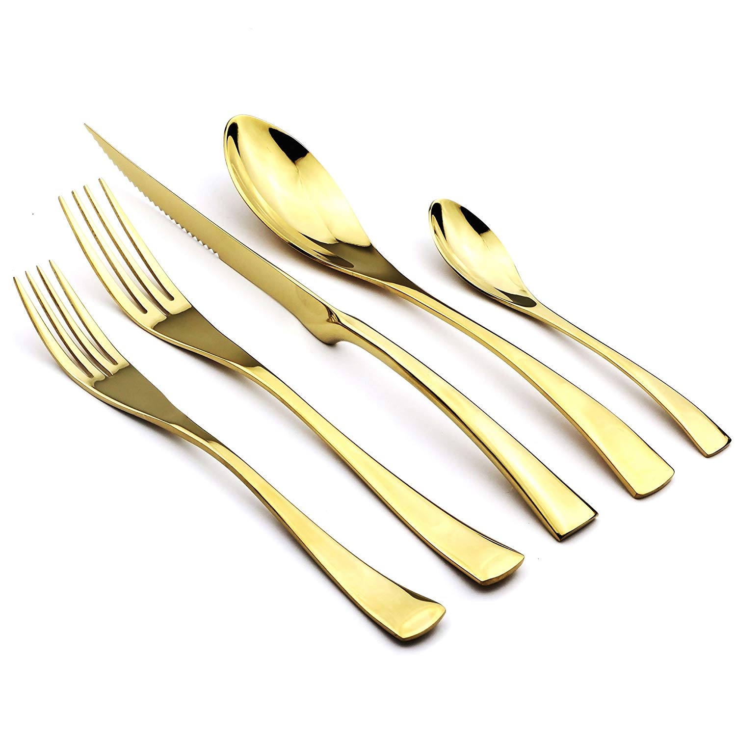 JANKNG 5-Pcs Silver Flatware Set 18/10 Stainless Steel Gold Dinnerware Serrated Knife Fork Spoon Cutlery Food Tableware: 1 set / Gold