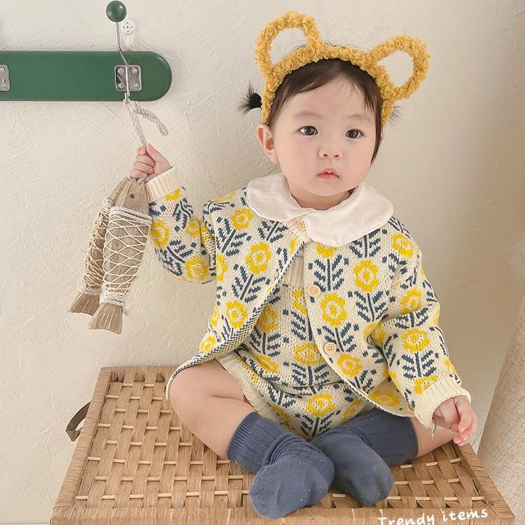 2022 wiosenne ubranka dla dzieci ubrania dla dzieci sweter z kwiatkiem baby girl sweter dziergany + romper crawling suit dwuczęściowy zestaw