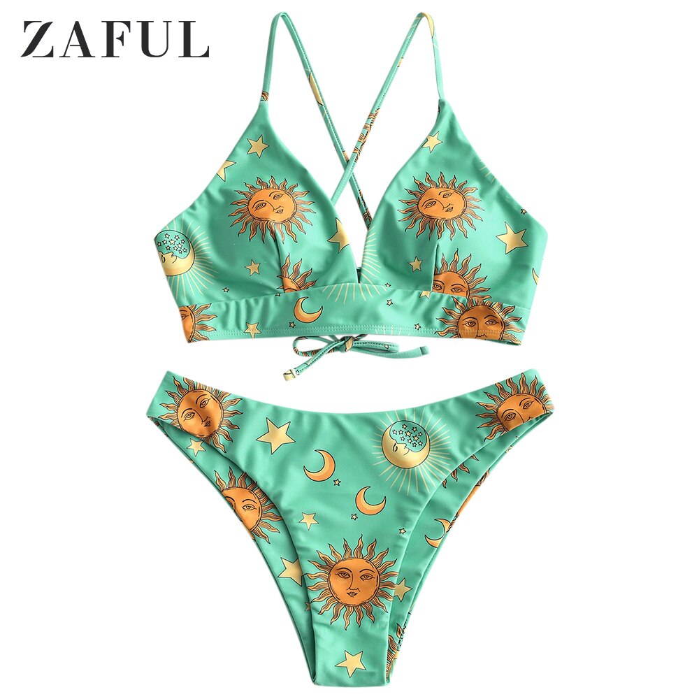 ZAFUL Stern Sonne Mond Spitze hoch Bikini einstellen Spaghetti-trägern Draht Freies Schwimmen Anzug Frauen Sommer Badeanzug hoch schneiden gepolsterte Bademode
