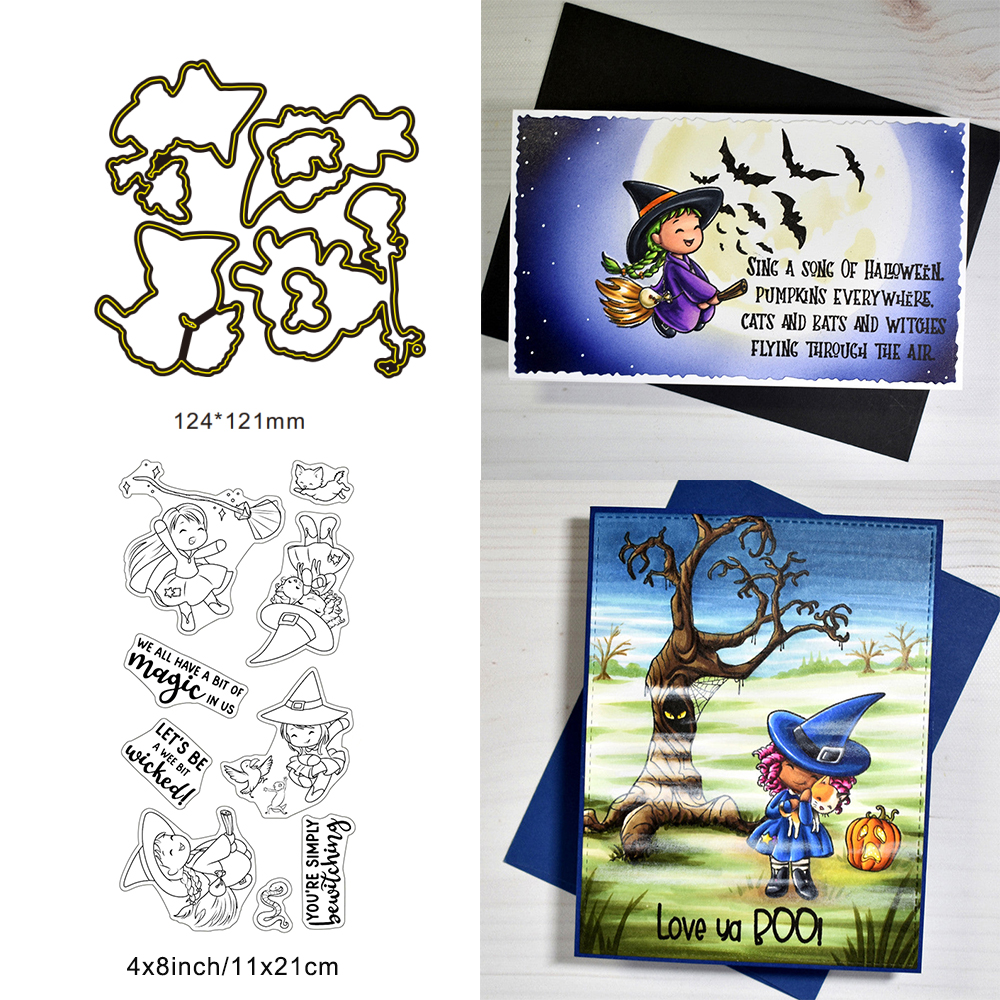 Söt häxräv glad halloween metallskärverktyg genomskinlig stämpel gör-det-själv scrapbooking silikonstämplar för kort album hantverk: M / Ljusgrön