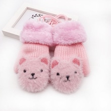 2-7Y Kinder Fäustlinge Kinder Gestrickte Wolle Plus Samt Handschuhe Cartoon Bier Baby Jungen Mädchen Volle Finger Warme Handschuhe Halten mit seil