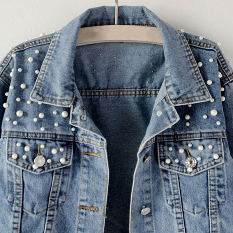 Plus size parel kralen korte denim jasjes 3xl 5xl dames wit gewassen lange mouwen vintage casual jeans jasje bomber denim jas
