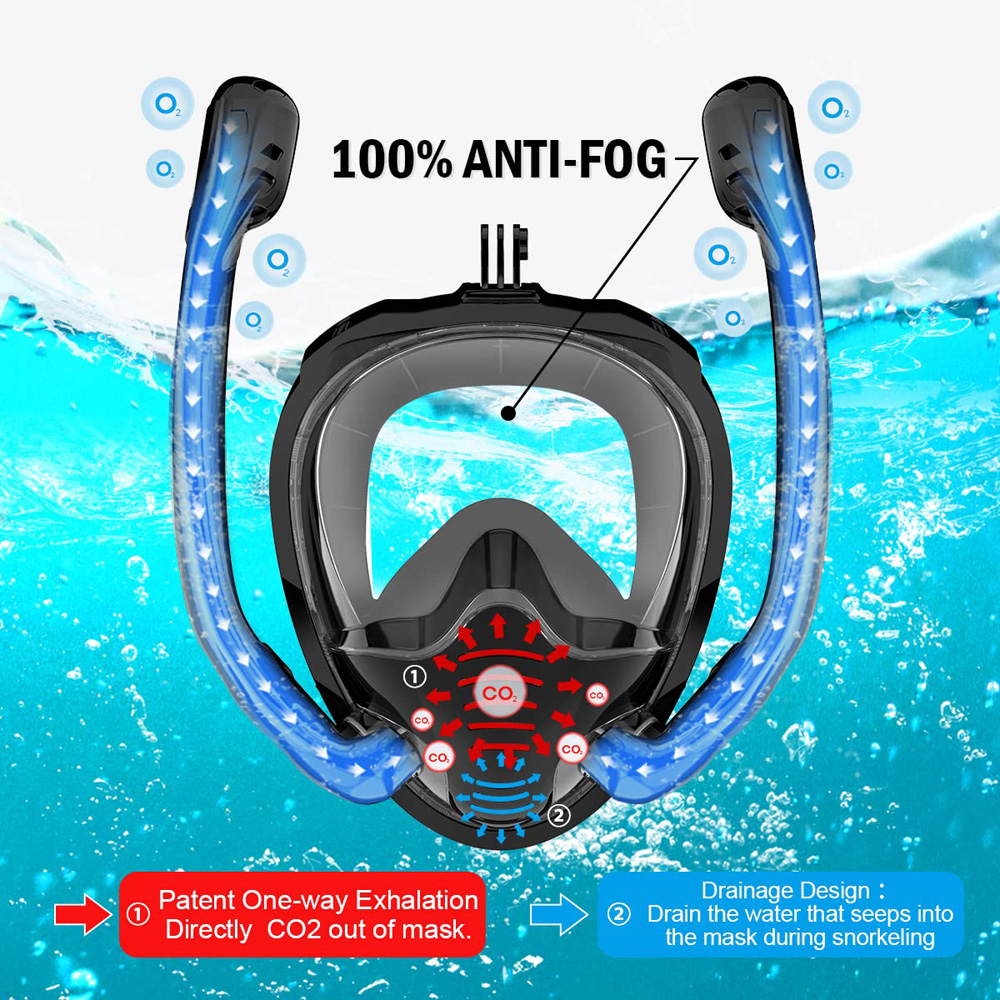 Máscara de snorkel de cara completa 180 ° Gafas de natación para buceo con vista panorámica, tapa seca de silicona, con 2 snorkel, antivaho y antifugas