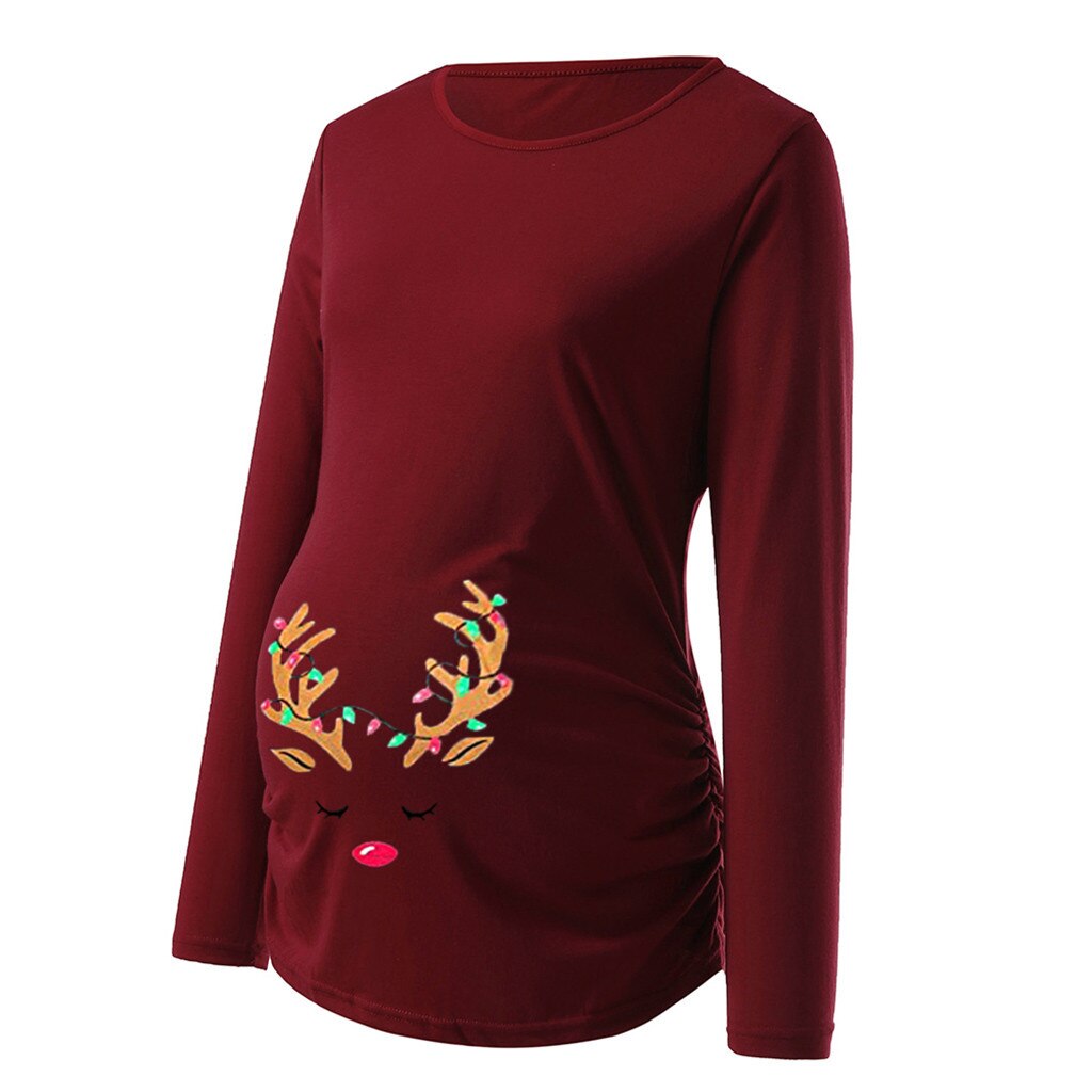 Christmas Maternity Clothing Women's Print Christmas Side Ruched Long Sleeve Maternity Top Pregnancy Clothes Maternity Blouse