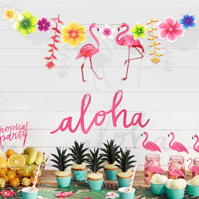 Tropisk jungle festforsyning kokosnødblade kranser flamingo banner baby shower fødselsdagsfest dekorationer børn bryllupsindretning: Flamingo