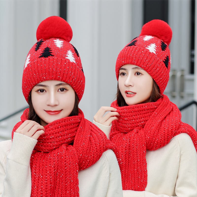 Dames winter sjaal muts set dames gebreide warme dikke roze mutsen mutsen met pompon dames effen kerstboom lange sjaals rood