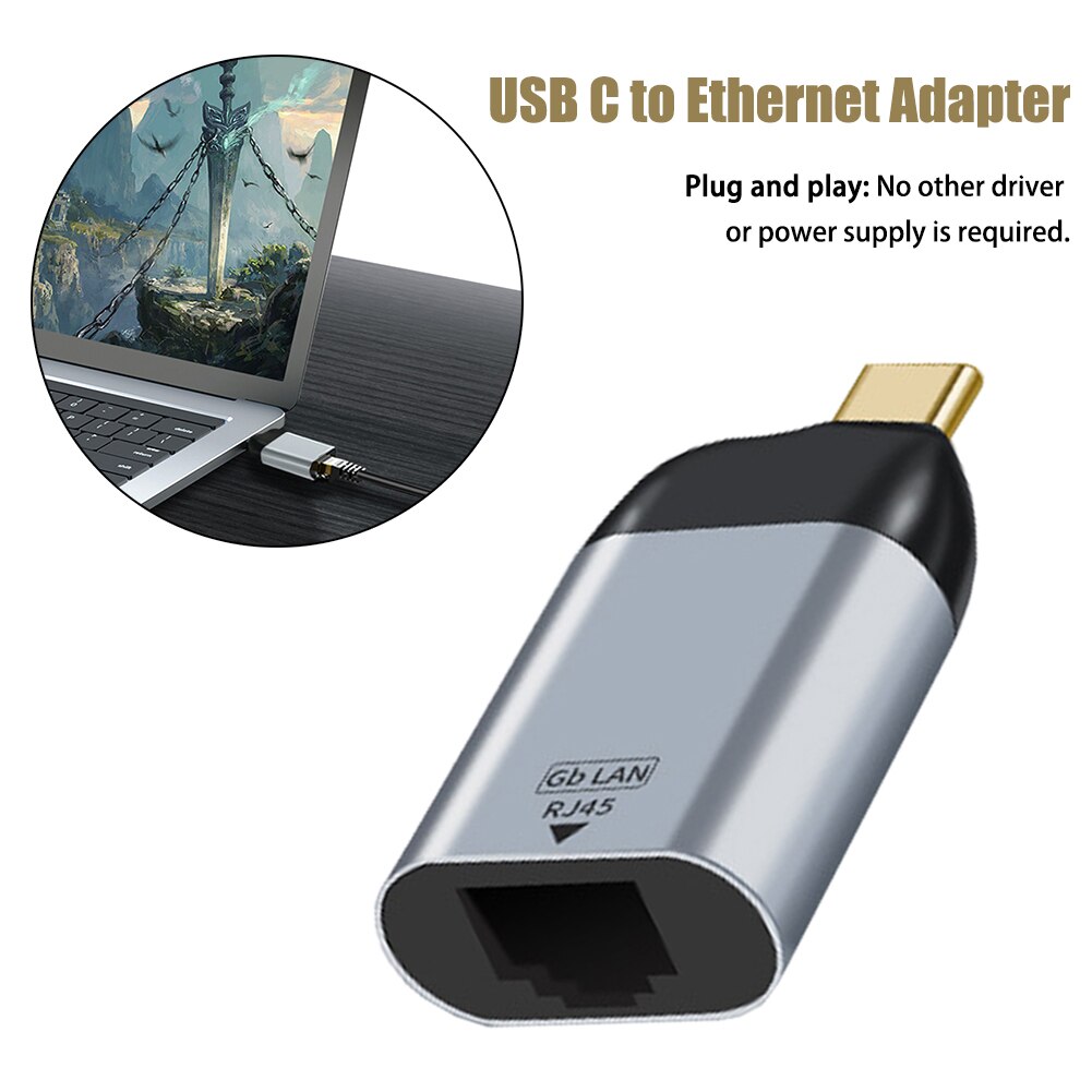 Grey Network Hub 1-Gigabit Aluminum Alloy Plug And Play Computers Travel Accessories USB C To Ethernet Adapter For Thunderbolt 3