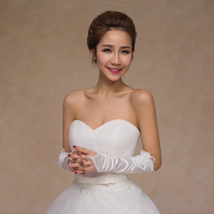 JaneVini 2018 tanie białe rękawiczki ślubne z kwiatami długie łokcie bez palców satynowe rękawiczki ślubne na ślub panny młodej akcesoria