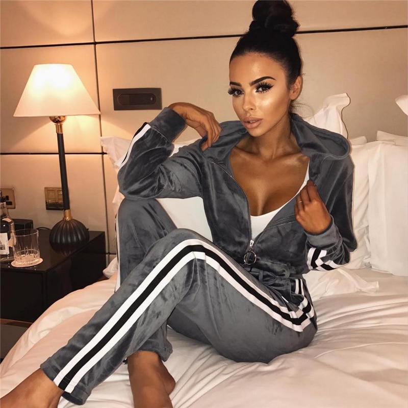 Hooded Gestreepte Zachte Pak Set Vrouwen Trainingspak Tweedelige Sport Stijl Outfit Jogging Sweater Fitness Lounge Sportwear: Grijs / XL