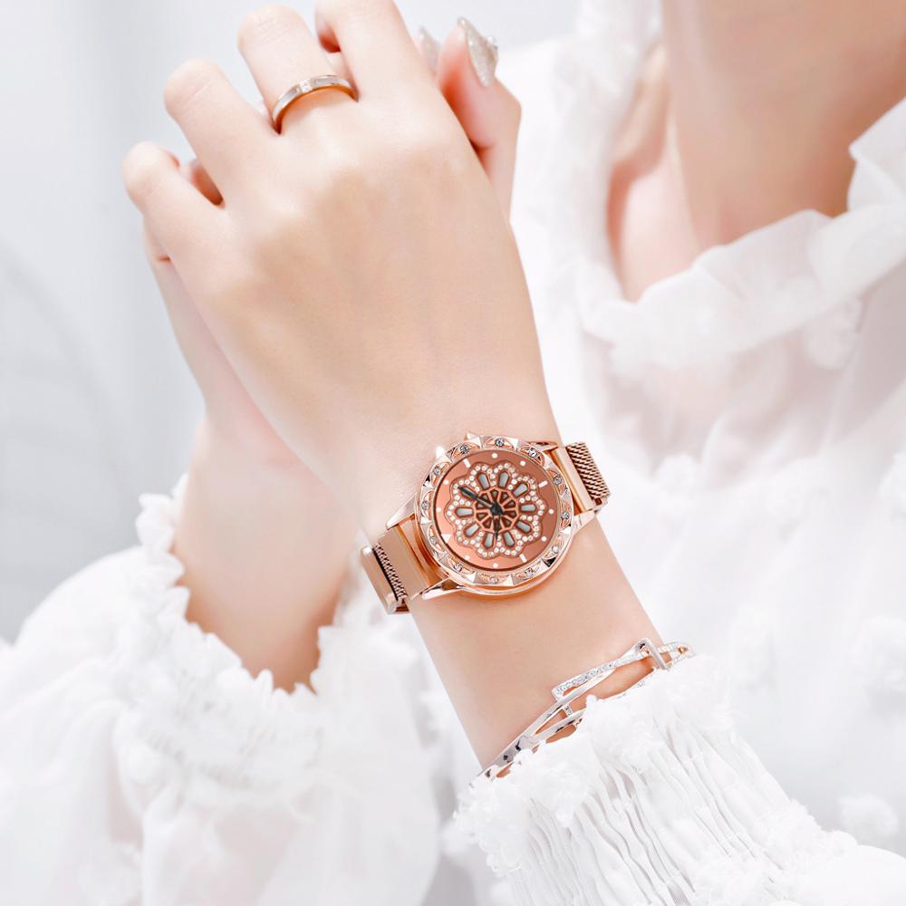 Kvinder armbåndsure kvinders roterende magnetiske heldige damer krystal kvarts armbåndsure reloj femenino