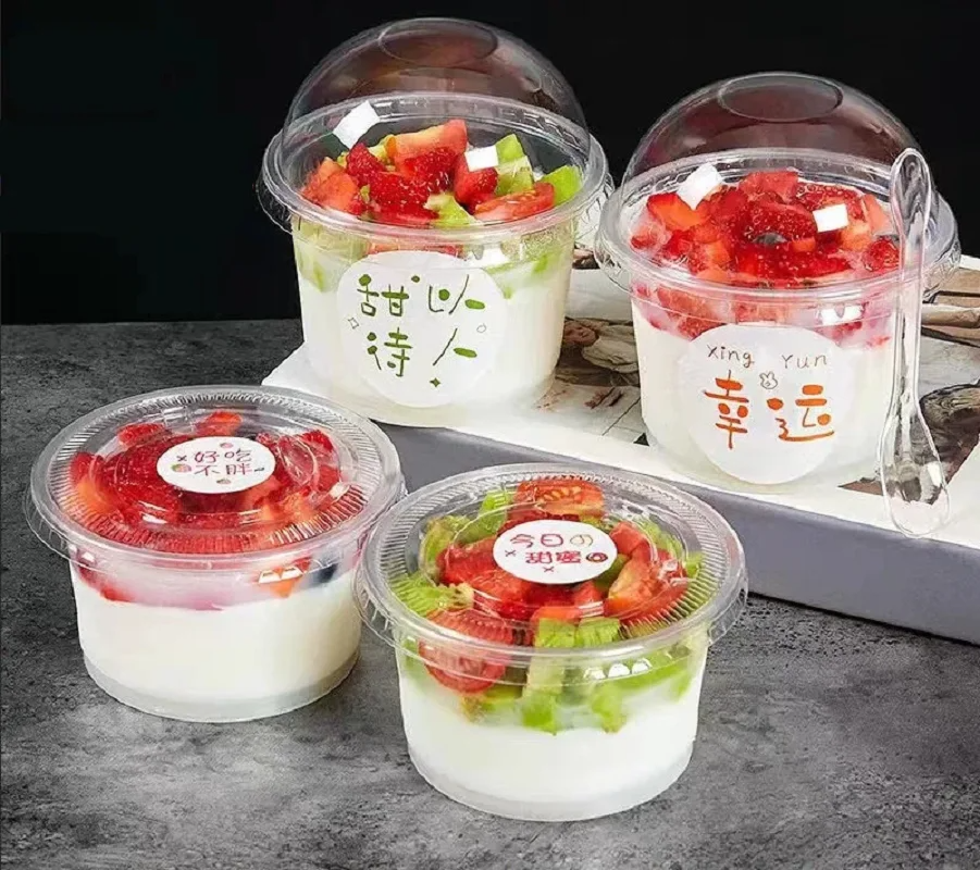 Engangssalatkopper 250ML - Gennemsigtig Plast Dessertkopper Skåle Beholder med Dome/Flad Låg