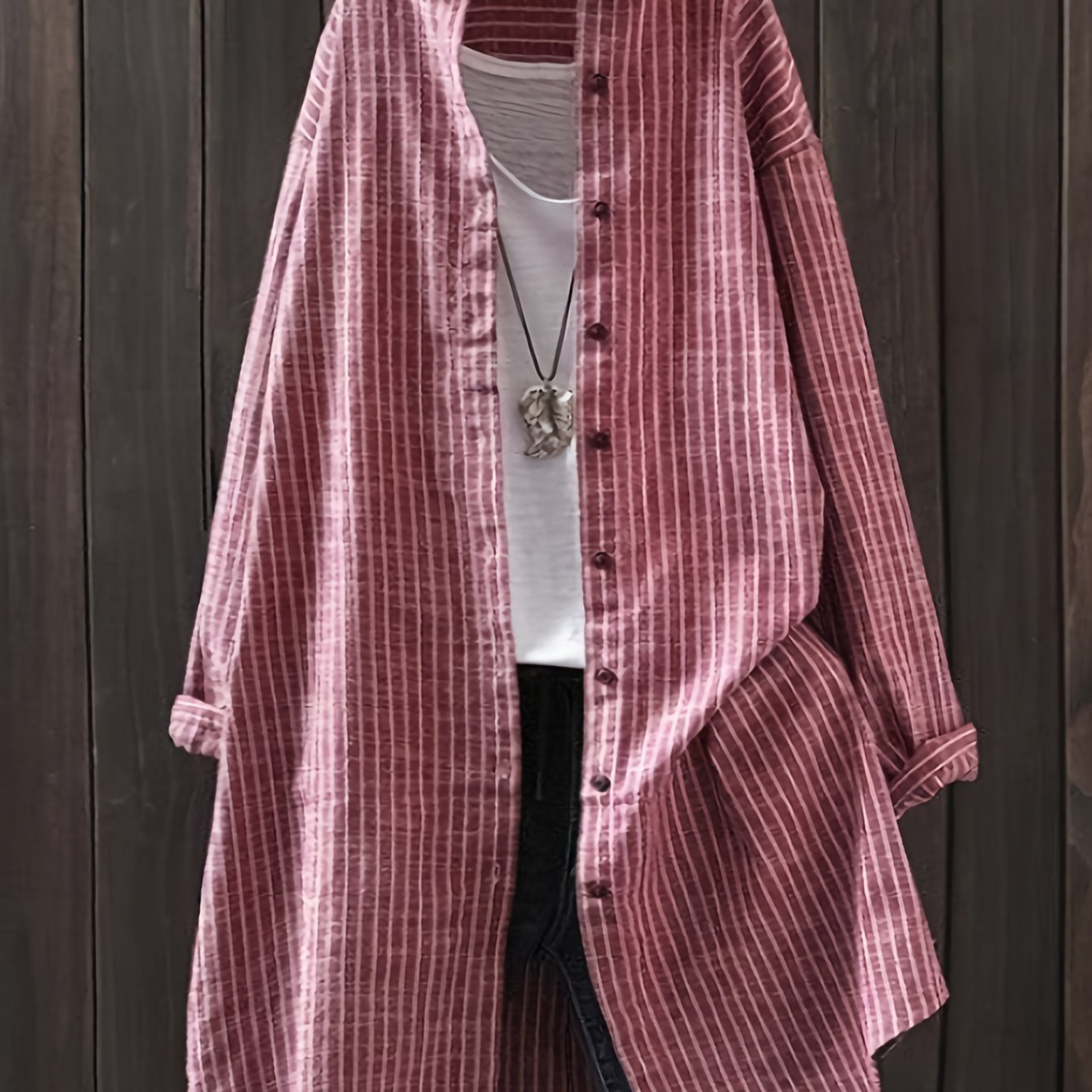 Chemise boutonnée à imprimé rayé sur le devant, chemise polyvalente à manches longues pour le printemps et l'automne, vêtements pour femmes: M / Beige