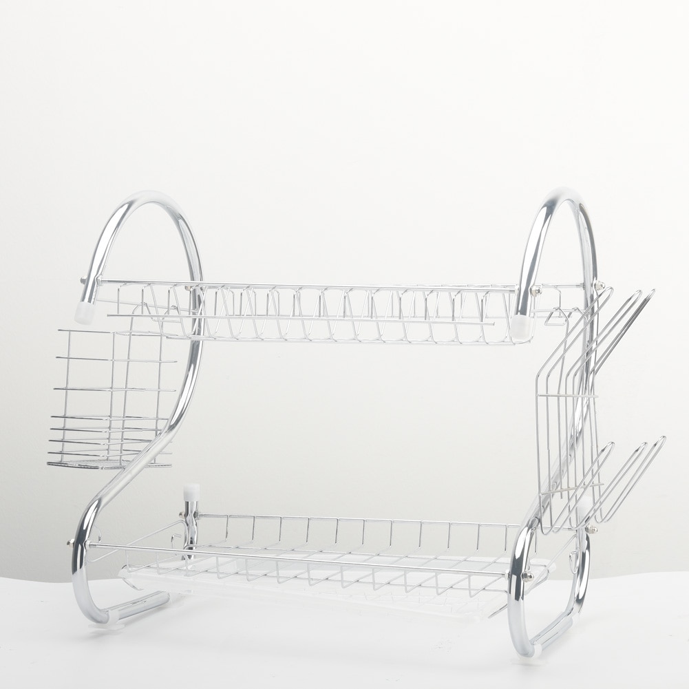 2 Tier Iron Chrome Dish Drainer Drying Rack Removable Rust Proof Utensil Holde For Kitchen Counter Storage Rack