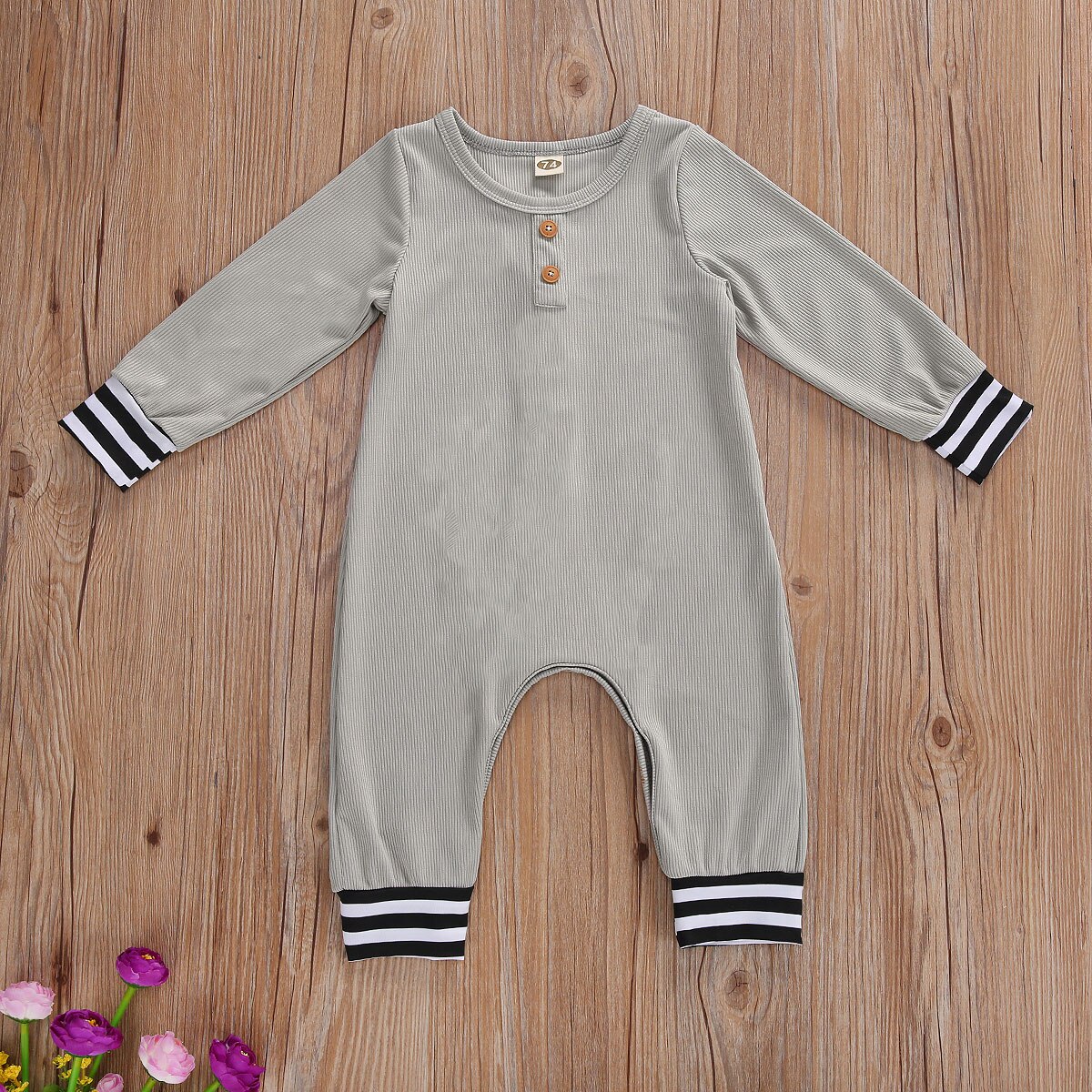 Peuter Herfst Kleding O-hals Lange Mouwen Geribbelde Jumpsuit Met Strepen Manchetten En Terug Trimmings Voor Baby Meisjes, Jongens