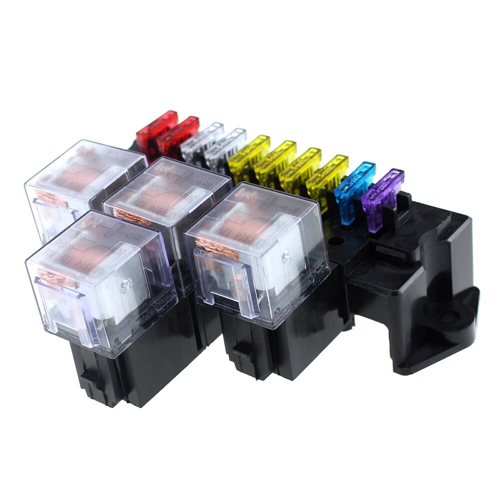 10 Way Fuse Box 5-Pin Socket Base Relay With 13Pcs Standard Blade Fuses