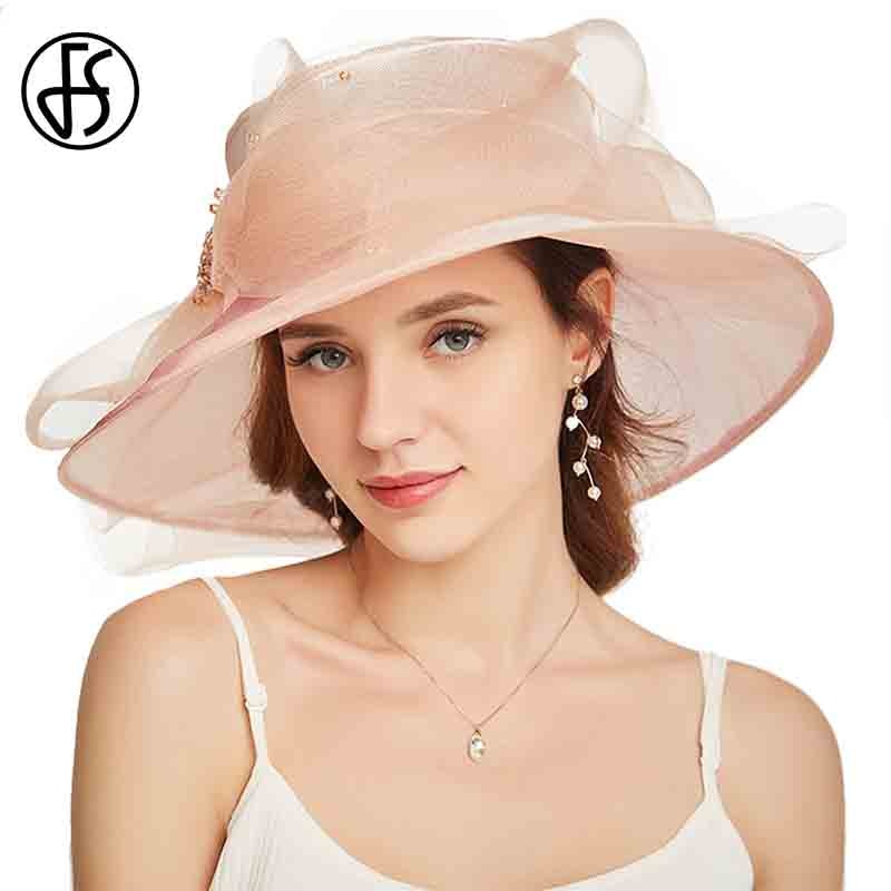 FS Beige Weiß Organza Breite Krempe Sonnenhut Hüte Für Frauen Kirche Hüte Frauen Elegante Kentucky Derby Hütte Damen Großen Bogen Fedora