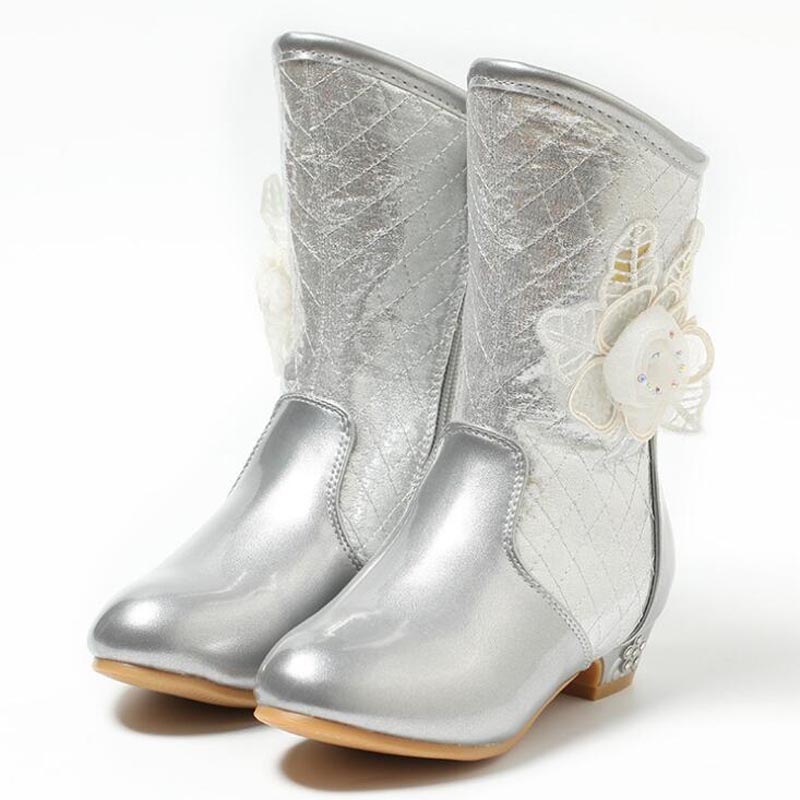 Botas de couro impermeáveis para meninas, calçado infantil de neve, outono e inverno, quente, sapato de princesa, calçado grande para meninas, 2021: Prateado / 10