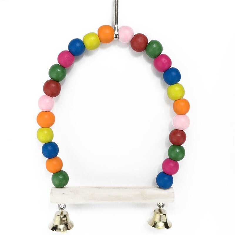 Bird Training Toys Parrot Swing Stand Natural Wooden Bird Cage Accessories Perch Hanging Swing Colorful Beads Bells Pet Supplies