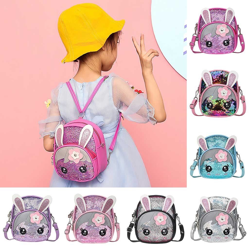 Mini Mochila Crianças Saco de Escola De Couro PU Bonito Da Orelha de Coelho Lantejoulas Mochila Meninas da Escola Primária Saco de Viagem Mochilas mochila